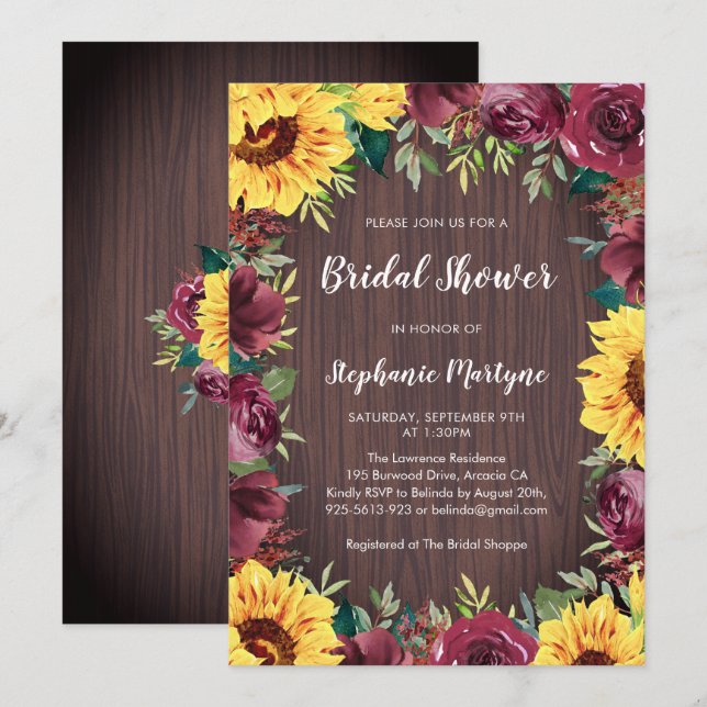 Invitación Sunflower Burgundy Floral Wood Bridal Shower (Anverso / Reverso)