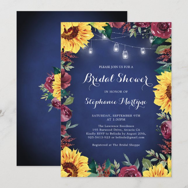 Invitación Sunflower Burgundy Jar ilumina la ducha de novia d (Anverso / Reverso)