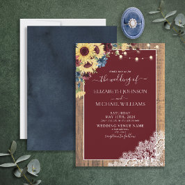 Invitación Sunflower Burgundy Navy Blue Wood Lace Boda Inv
