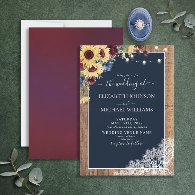 Invitación Sunflower Burgundy Navy Blue Wood Lace Boda Inv (Subido por el creador)