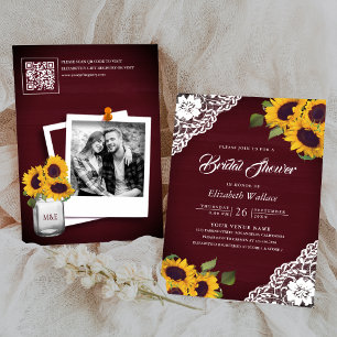 Invitación Sunflower Burgundy Photo QR Code Bridal Shower