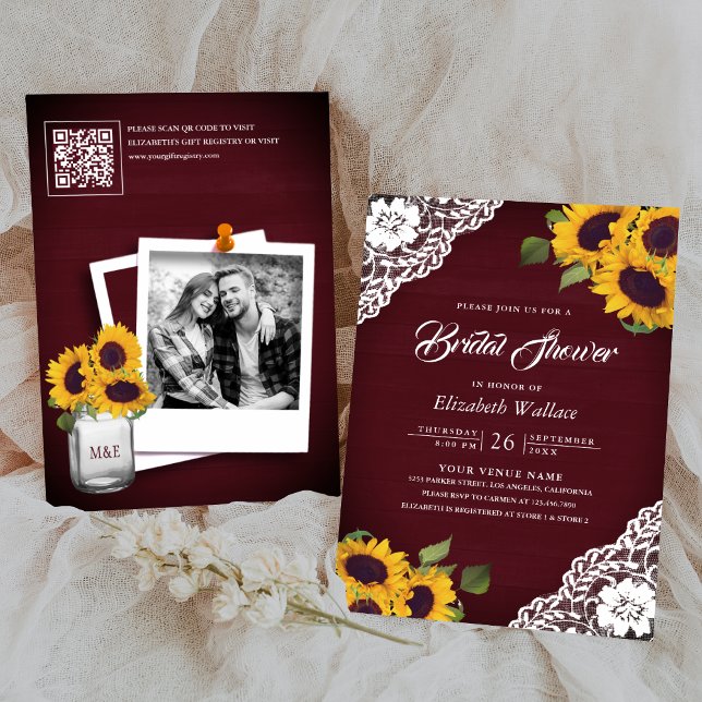 Invitación Sunflower Burgundy Photo QR Code Bridal Shower (Subido por el creador)
