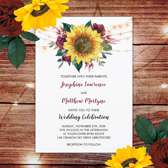 Invitación Sunflower Burgundy Rosa String Luces otoño Boda (Subido por el creador)