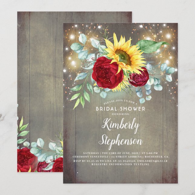 Invitación Sunflower Burgundy Rustic Cae Bridal Shower (Anverso / Reverso)