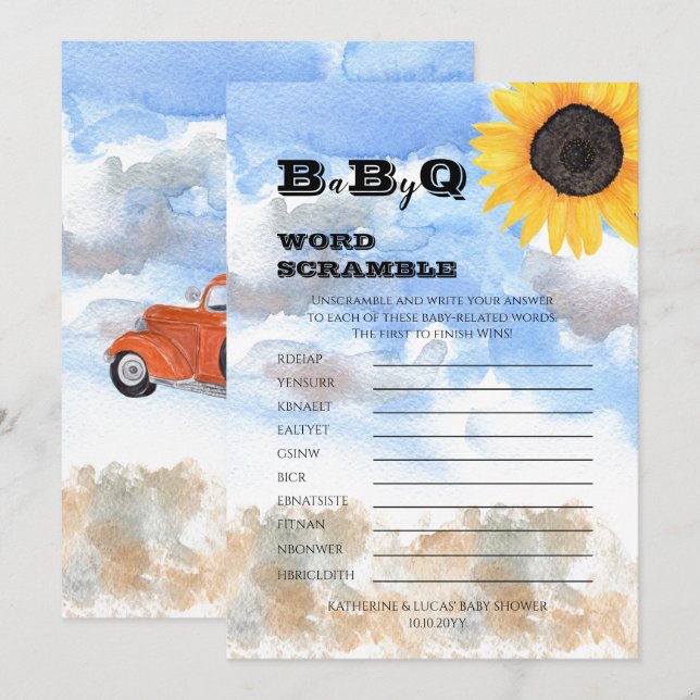 Invitación Sunflower | Calcomanías de palabras Baby Shower de (Anverso / Reverso)
