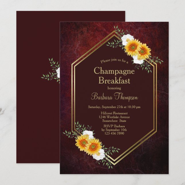 Invitación Sunflower Champagne Desayuno Noche Ducha (Anverso / Reverso)