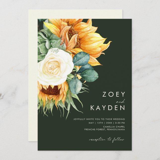 Invitación Sunflower Country | Verde Oscuro Todo En Un Boda (Anverso / Reverso)