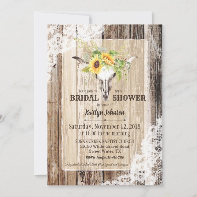 Invitación Sunflower Cow Skull Barn Wood Rústica Bridal Showe (Anverso)