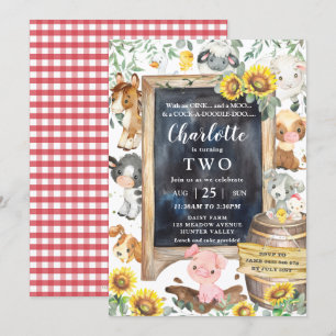 Invitación Sunflower Cute Farm Animals Barnyard Cumpleaños