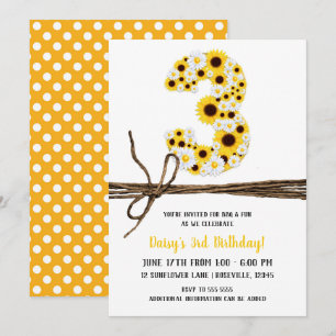 Invitación Sunflower & Daisies TRES 3° Fiesta de cumpleaños
