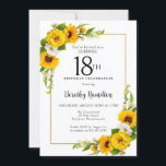 Invitación Sunflower Daisy 18th Birthday Surprise Fiesta<br><div class="desc">Bonito amarillo girasol floral invitación a los 18 años. Las peonías amarillas y las margaritas blancas se mezclan con los girasoles. Un marco dorado rectangular le da un ambiente elegante. Muy fácil de personalizar. Esa espalda es blanca con un ramo de girasol. Esto es perfecto para una celebración de cumpleaños...</div>
