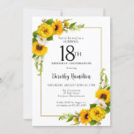 Invitación Sunflower Daisy 18th Birthday Surprise Fiesta<br><div class="desc">Bonito amarillo girasol floral invitación a los 18 años. Las peonías amarillas y las margaritas blancas se mezclan con los girasoles. Un marco dorado rectangular le da un ambiente elegante. Muy fácil de personalizar. Esa espalda es blanca con un ramo de girasol. Esto es perfecto para una celebración de cumpleaños...</div>