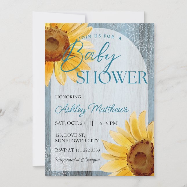 Invitación Sunflower Dusty Blue Rustic Wood Baby Shower (Anverso)