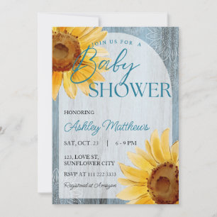 Invitación Sunflower Dusty Blue Rustic Wood Baby Shower
