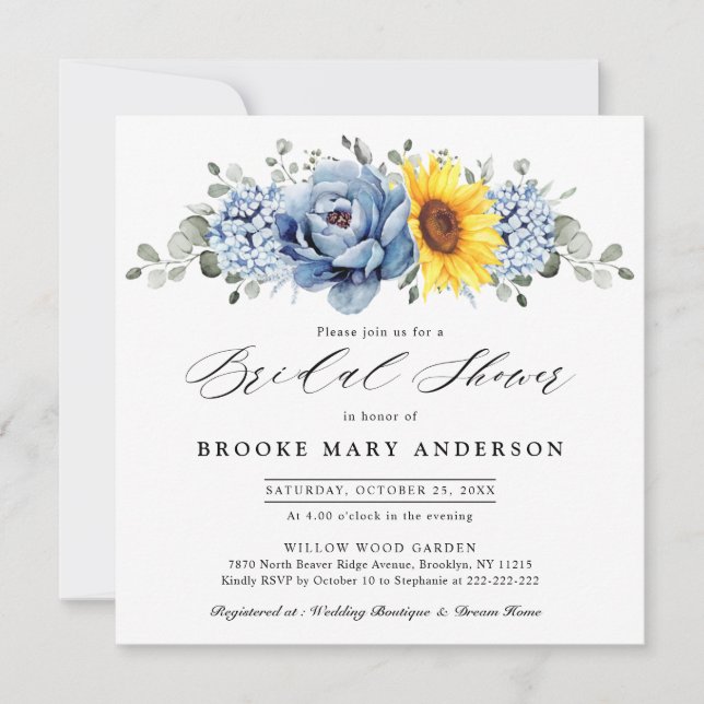 Invitación Sunflower Dusty Blue Slate Peony Shower (Anverso)