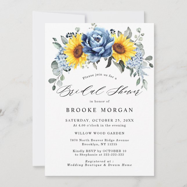 Invitación Sunflower Dusty Blue Slate Peony Shower (Anverso)