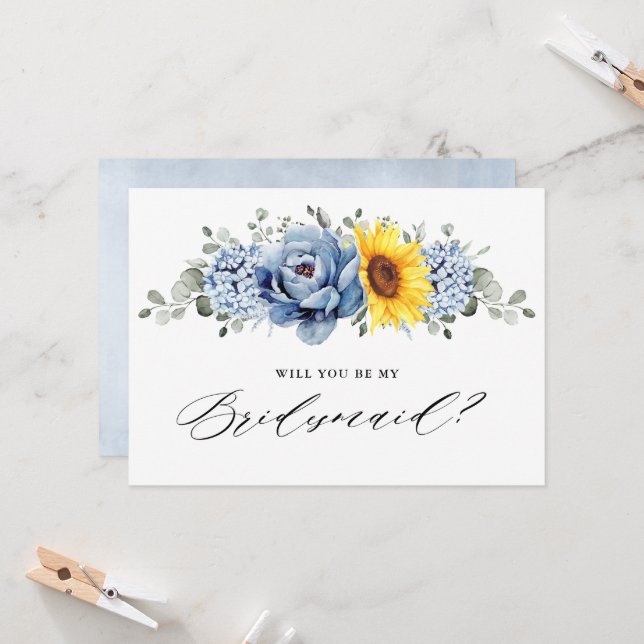 Invitación Sunflower Dusty Blue tWill you be my Bridesmaid (Anverso/Reverso In Situ)