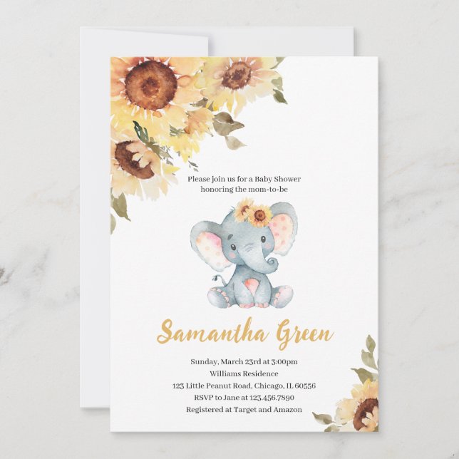 Invitación Sunflower Elephant Baby Shower (Anverso)