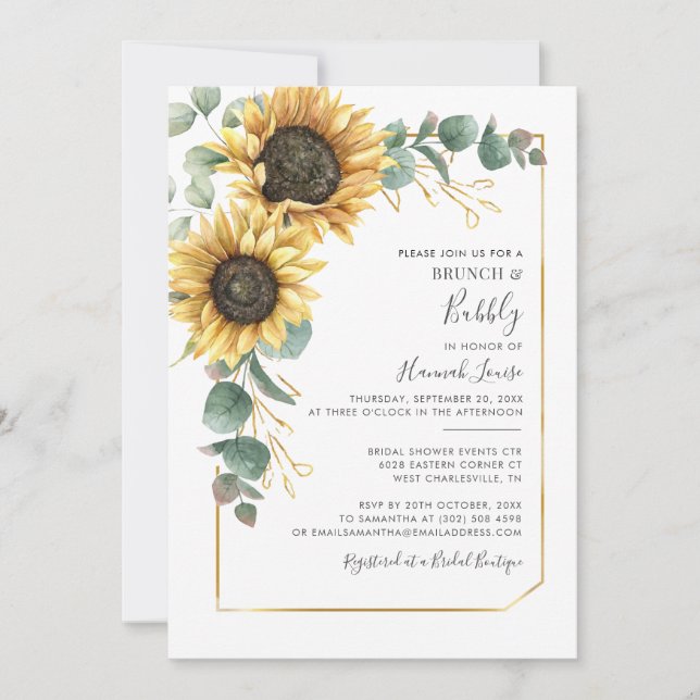 Invitación Sunflower Eucalyptus Brunch Bubbly Bridal Shower (Anverso)