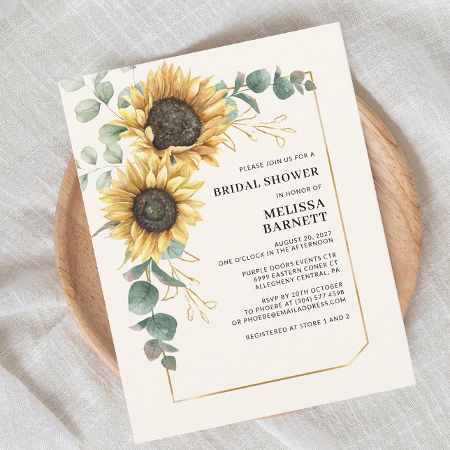 Invitación Sunflower Eucalyptus Floral Foliage Bridal Shower (Chic Floral Sunflower Eucalyptus Script First Last Name Bridal Shower Invitation)