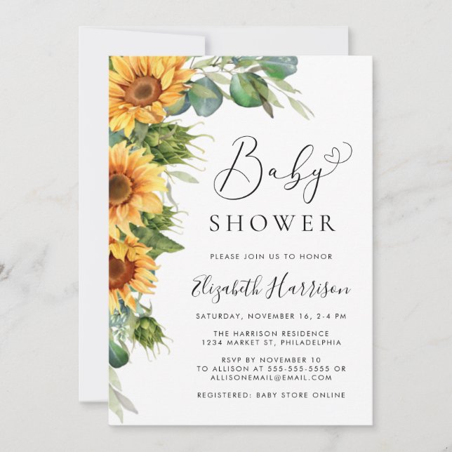 Invitación Sunflower Eucalyptus Watercolor Baby Shower (Anverso)