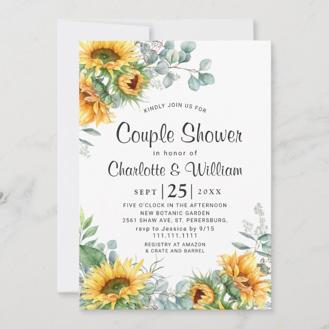 Invitación Sunflower Eucalyptus Watercolor Ducha Pareja (Anverso)