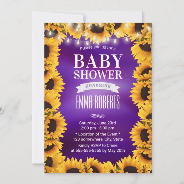 Invitación Sunflower Floral Elegant Purple Baby Shower (Anverso)