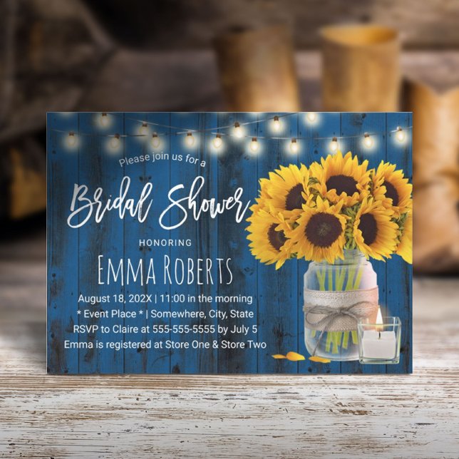 Invitación Sunflower Floral Jar Navy Blue Wood Bridal Shower (Subido por el creador)