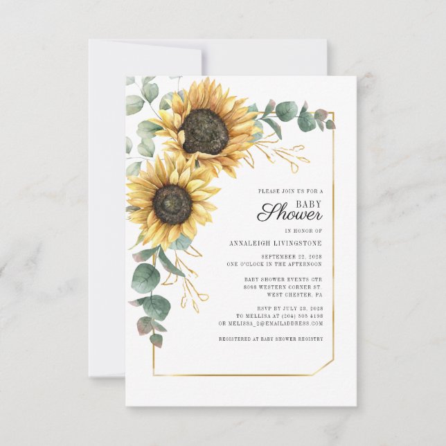 Invitación Sunflower Floral Watercolor Baby Shower (Anverso)