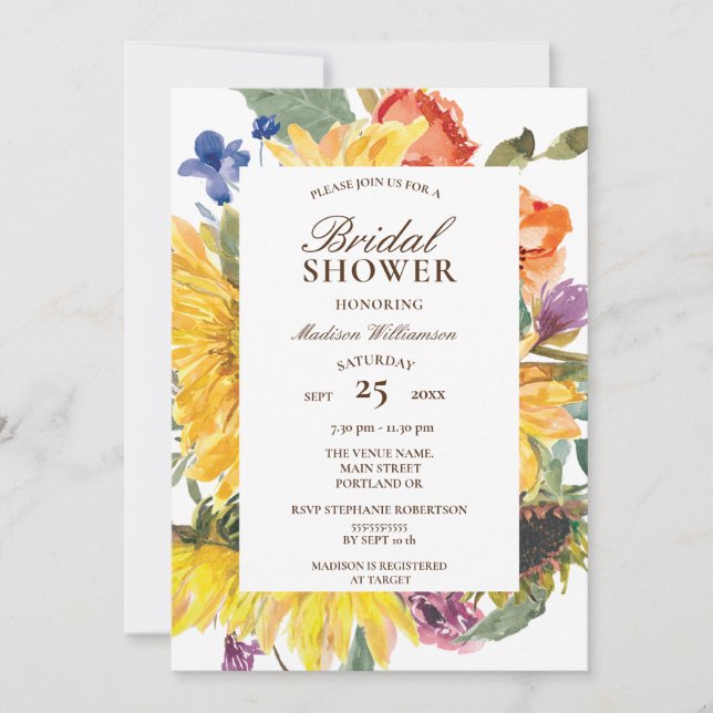 Invitación Sunflower Floral Watercolor Bridal Shower (Anverso)