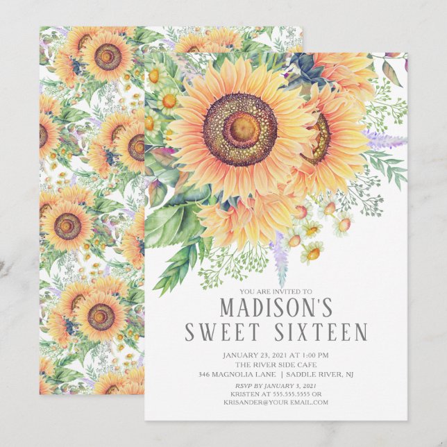 Invitación Sunflower Garden Floral Sweet Dieciséis Fiestas (Anverso / Reverso)