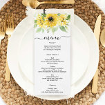 Invitación Sunflower Garden Wedding Menu o Bridal Shower<br><div class="desc">Muestra tu delicioso menú en estas preciosas cartas - ¡el tamaño perfecto para colocar en cada plato! Este diseño cuenta con un precioso guión y un hermoso jardín de girasoles. ¡Edite fácilmente los alimentos!</div>