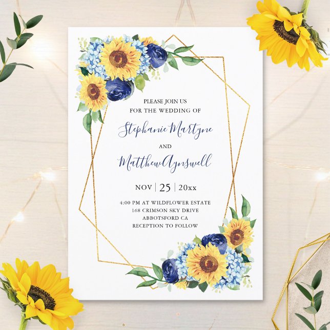 Invitación Sunflower Geometric Dusty Blue Floral Wedding (Subido por el creador)