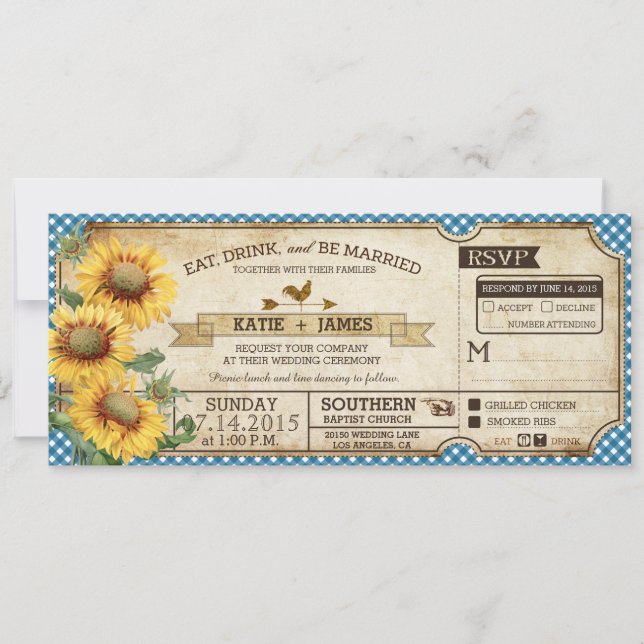 Invitación Sunflower Gingham Check País Boda de Picnic (Anverso)