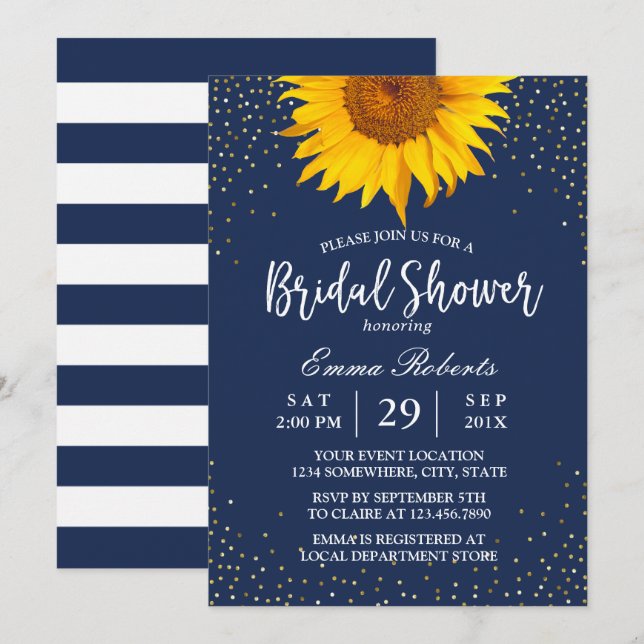 Invitación Sunflower Gold Confetti Marina Blue Bridal Shower (Anverso / Reverso)