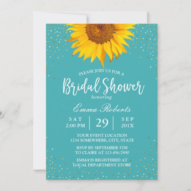 Invitación Sunflower Gold Confetti Turquesa Brillante Ducha (Anverso)