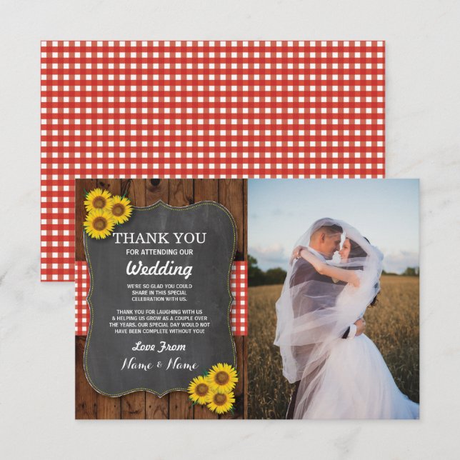 Invitación Sunflower Gracias A La Participación Boda Wood Pho (Anverso / Reverso)