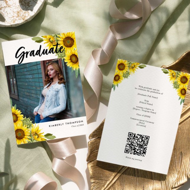 Invitación Sunflower Graduation Photo Rustic Floral QR Code (Subido por el creador)