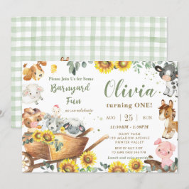 Invitación Sunflower Greenery Farm Animals Barnyard Birthday