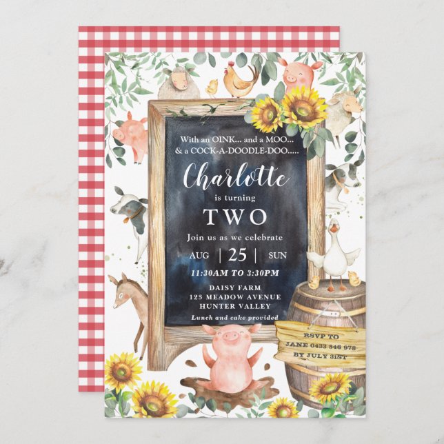 Invitación Sunflower Greenery Farm Animals Barnyard Birthday (Anverso / Reverso)