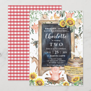 Invitación Sunflower Greenery Farm Animals Barnyard Birthday