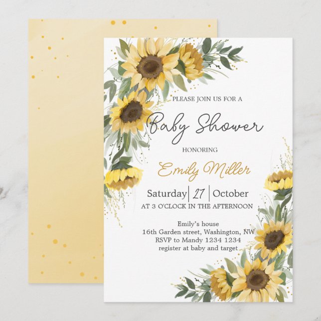Invitación Sunflower Greenery Watercolor Baby Shower  (Anverso / Reverso)