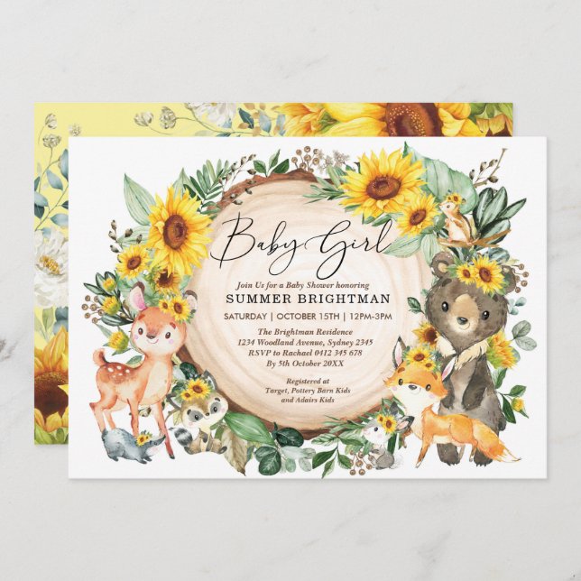Invitación Sunflower Greenery Woodland Animals Baby Shower (Anverso / Reverso)