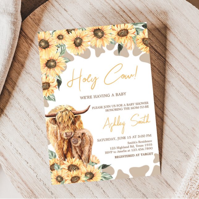 Invitación Sunflower Highland Cow Baby Shower (Summer Holy Cow Baby Shower Invitation)