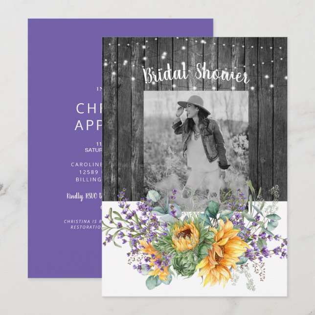 Invitación Sunflower II Lavanda Foto Rústica Ducha de novia (Anverso / Reverso)