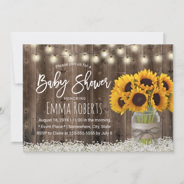 Invitación Sunflower Jar Country Floral Barn Wood Baby Shower (Anverso)