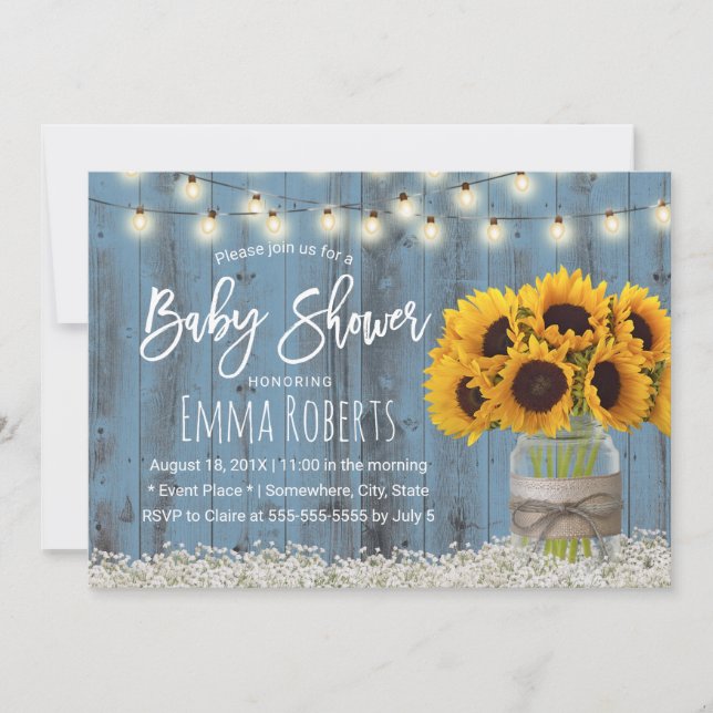 Invitación Sunflower Jar Dusty Blue Barn Wood Baby Shower (Anverso)
