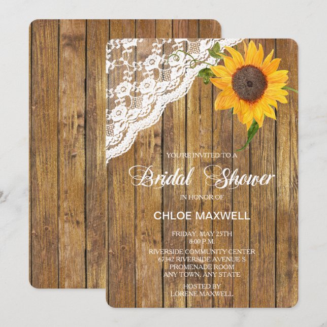 Invitación Sunflower Lace Wood Floral Bridal Shower (Anverso / Reverso)