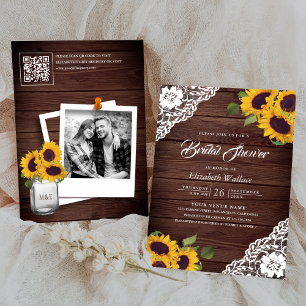 Invitación Sunflower Lace Wood Foto QR Código Ducha de novia