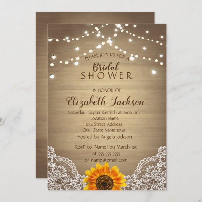 Invitación Sunflower, Lace, Wood Rustic Bridal Shower (Anverso / Reverso)
